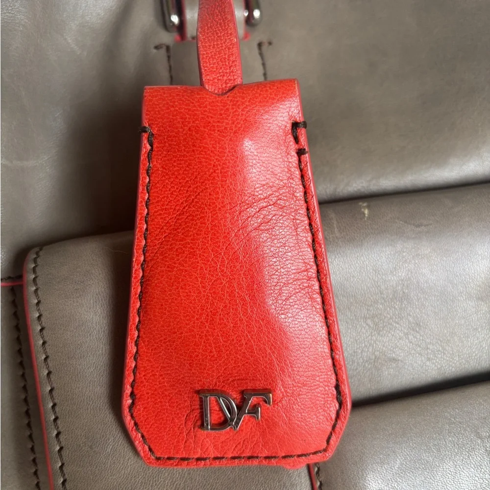 DVF Diane von Furstenberg Gray Taupe Leather Large Tote Red Trim Silver Hardware